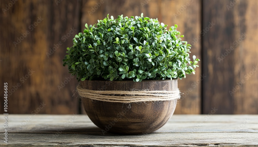 A small potted plant in a wooden bowl with twine on a wooden table. A small potted plant in a wooden bowl with twine on a wooden table.