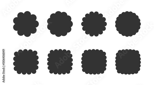 Round and square cloud shapes set. Sticker templates with scallop edges.
