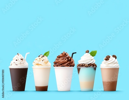 Assorted ice cream cups on blue background