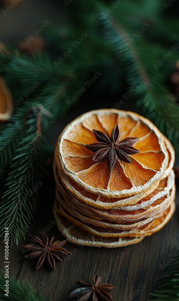 A stack of dried orange slices with a star anise on top, surrounded by pine needles and star anise on a wooden table. A stack of dried orange slices with a star anise on top, surrounded by pine needles and star anise on a wooden table.