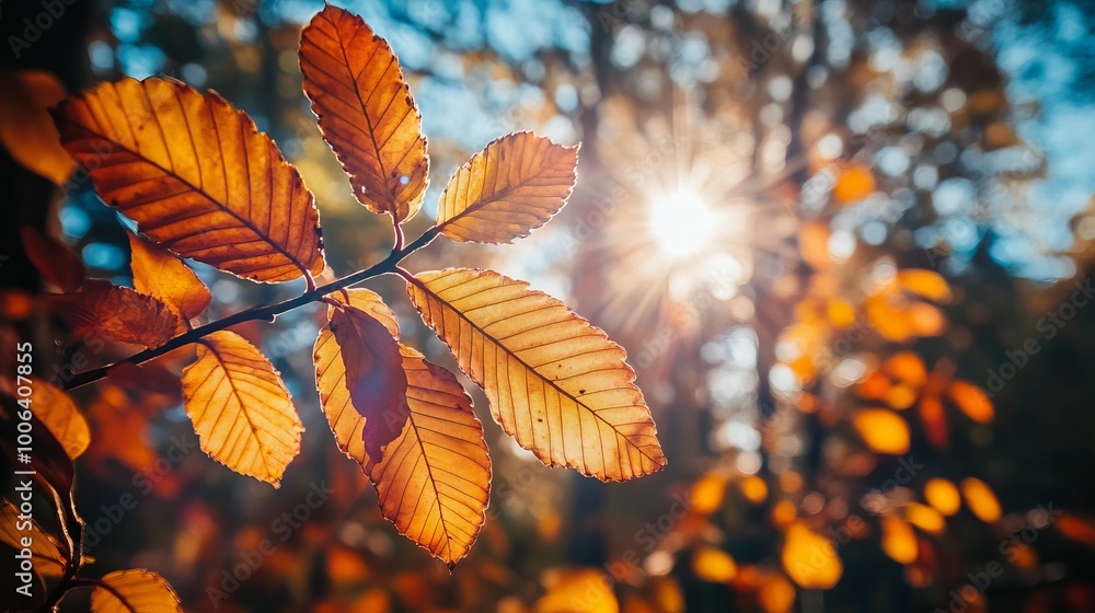 The colorful leaves of fall stand out brightly, with the sun shining through them. The trees behind them are a soft blur. The colorful leaves of fall stand out brightly, with the sun shining through them. The trees behind them are a soft blur.
