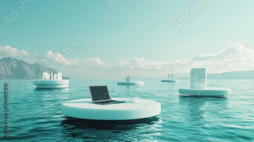A digital office desk in the middle of an ocean, with islands of floating documents and virtual assistants