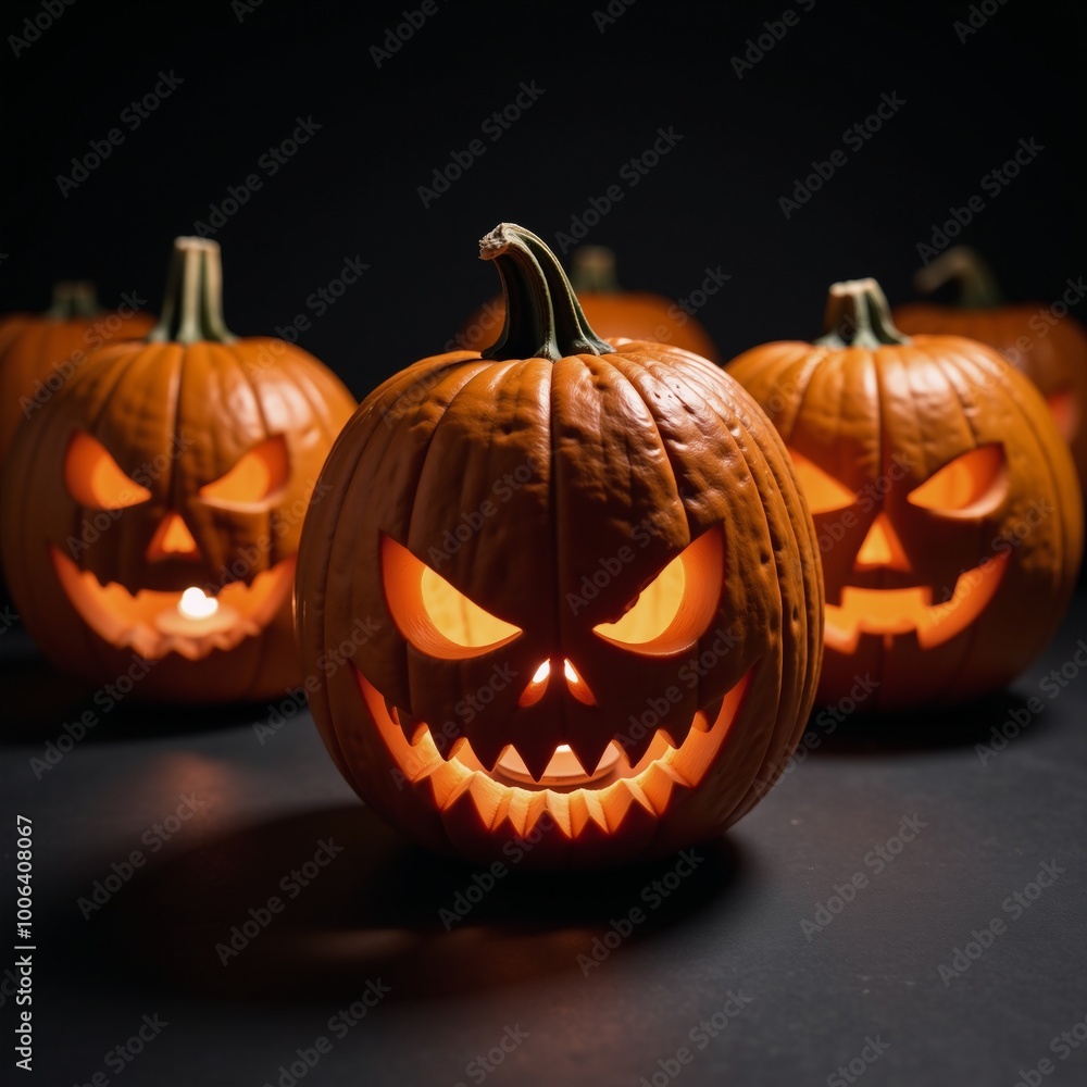 Illuminated carved pumpkin illustrations featuring various menacing faces on Halloween Night Illuminated carved pumpkin illustrations featuring various menacing faces on Halloween Night