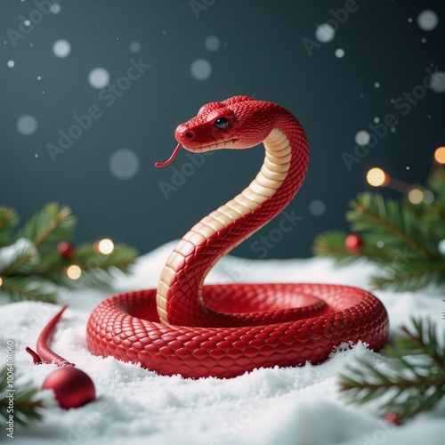 Red Snake representing Lunar Year 2025 Horoscope Mascot set against a Winter Backdrop combined with Merry Christmas and Happy New Year wishes