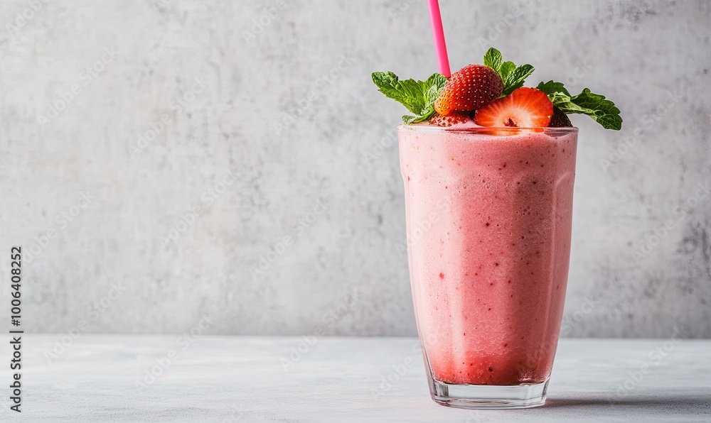 A tall glass of pink strawberry smoothie with a pink straw, topped with fresh strawberries and mint leaves, on a white background. A tall glass of pink strawberry smoothie with a pink straw, topped with fresh strawberries and mint leaves, on a white background.
