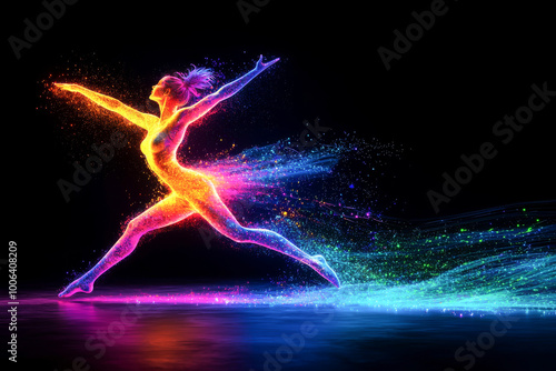 A vibrant dancer in motion, surrounded by colorful light trails, showcasing energy and grace on a dark background.