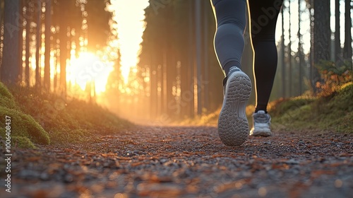 Walking on a forest path, the soles of feet press into a trail adorned with fallen leaves while trees tower in the background, encapsulating the essence of hiking photo