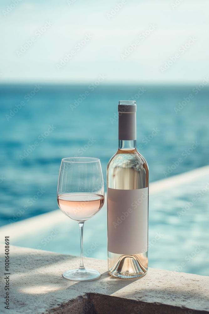 A bottle of rose wine with a blank mock-up label near the pool A bottle of rose wine with a blank mock-up label near the pool