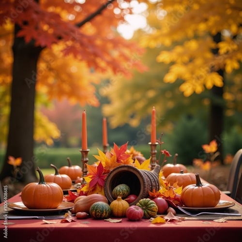 Autumnal Thanksgiving scene featuring vibrant colored leaves and a rainbow backdrop as a wallpaper design photo