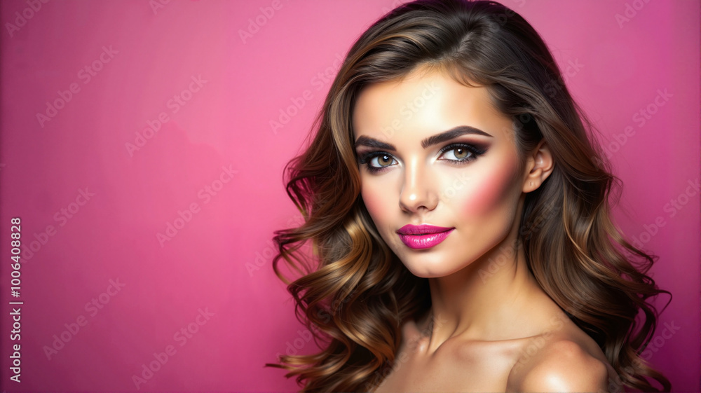 Elegant woman with wavy hair posing against pink background Elegant woman with wavy hair posing against pink background