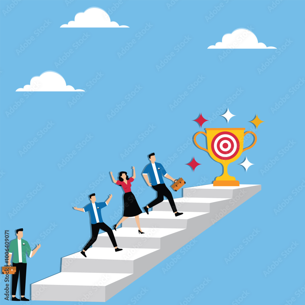 Fototapeta premium Team members climbing staircase to success with each step representing goal