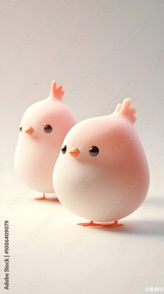 A pair of adorable and fluffy pink cartoon style baby chicks standing in a minimal white background A pair of adorable and fluffy pink cartoon style baby chicks standing in a minimal white background