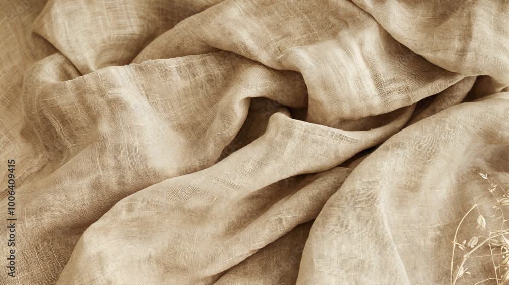 A close-up of a wrinkled, woven fabric. The fabric appears to be a natural fiber, possibly linen or cotton A close-up of a wrinkled, woven fabric. The fabric appears to be a natural fiber, possibly linen or cotton