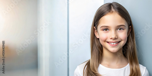 Smiling girl with long brown hair standing by a light blue wall Free Download Smiling girl with long brown hair standing by a light blue wall - GFXLoad