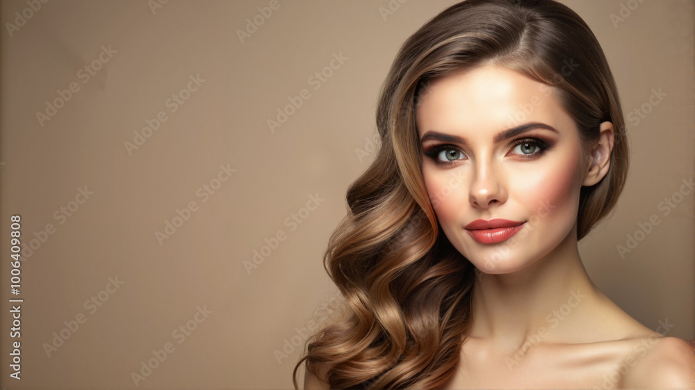 Elegant woman with wavy hair and natural makeup on beige background Elegant woman with wavy hair and natural makeup on beige background