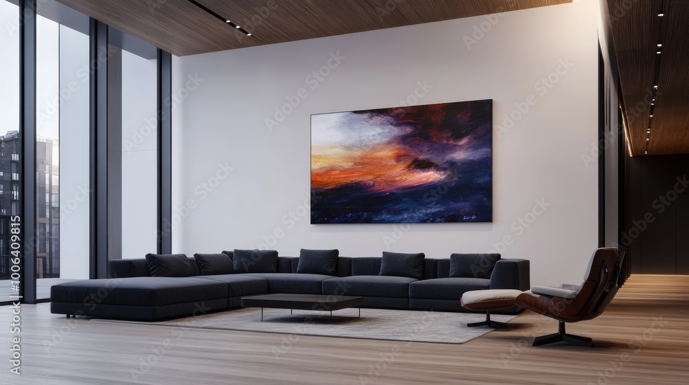 Fototapeta premium A contemporary living room showcases a large modular sofa paired with a stylish lounge chair. An oversized abstract artwork enhances the minimalist aesthetic under soft lighting