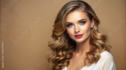 Glamorous blonde woman with red lipstick and elegant curls