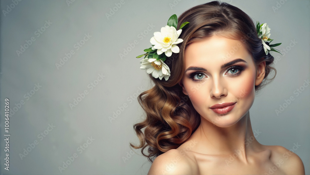 Woman with flowers in hair posing for beauty portrait Woman with flowers in hair posing for beauty portrait