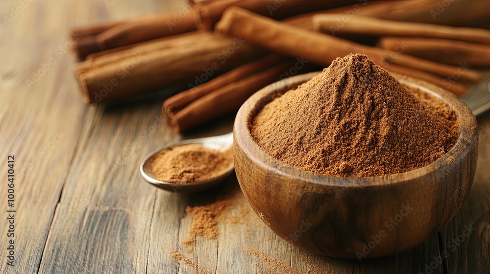 A wooden bowl filled with cinnamon powder, with cinnamon sticks in the background.