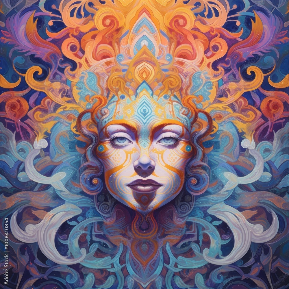 Fototapeta Intricate illustration of a serene, stylized face with vibrant patterns.