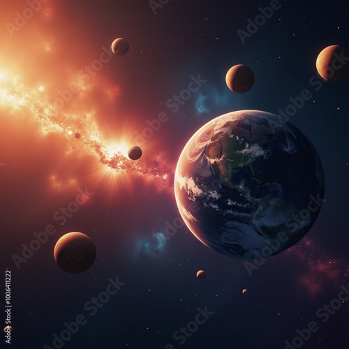 Colorful space background portrays planets and cosmic elements symbolizing Year 2025 photo