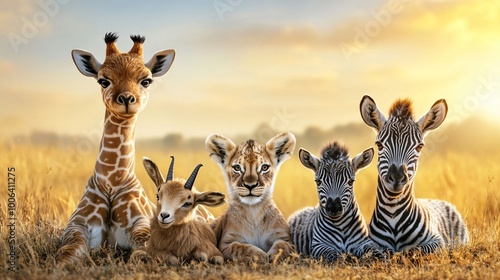 Adorable Wild Animals in Peaceful Safari Landscape at Sunset or Sunrise