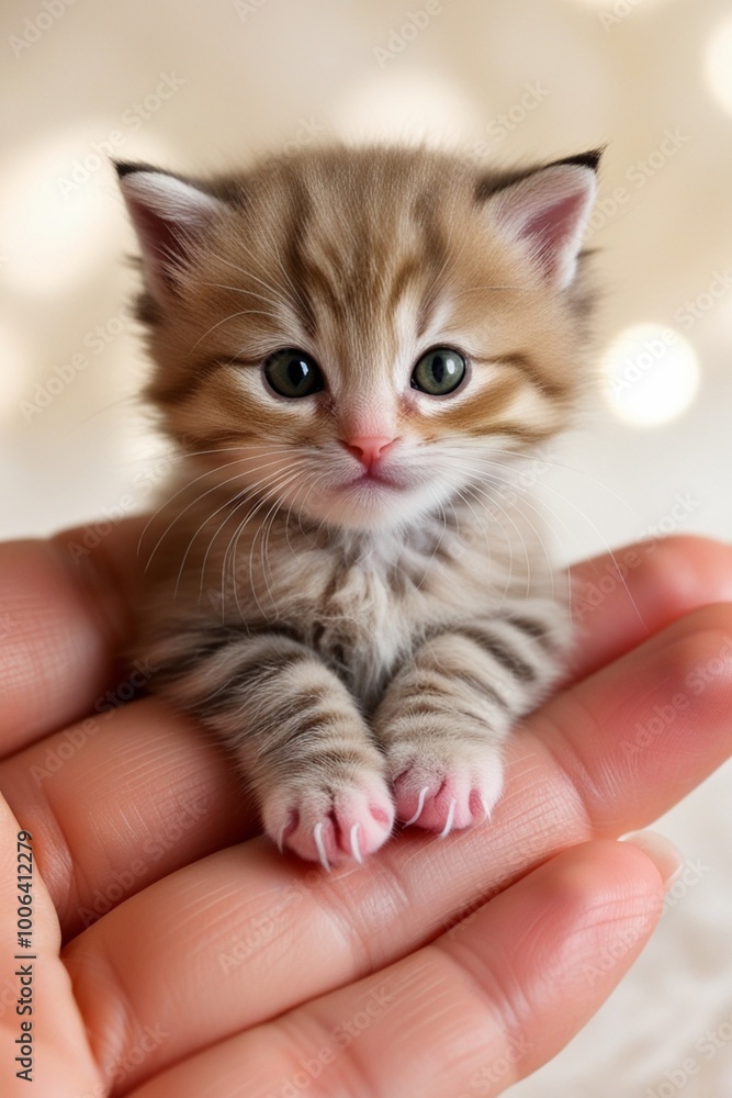 There is a small kitten sitting on a persons hand There is a small kitten sitting on a persons hand