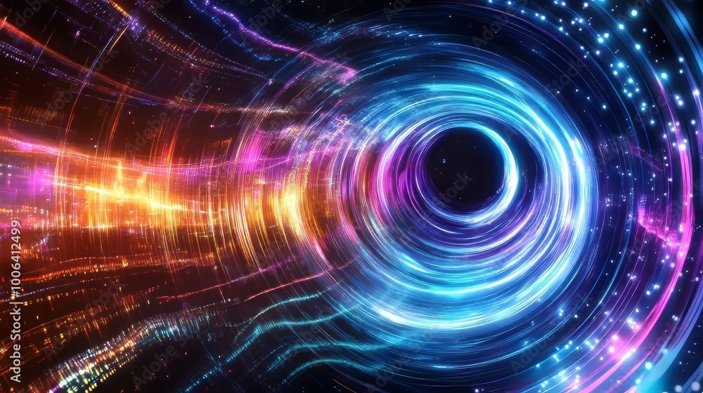 A swirling, colorful pattern like a sound wave, representing futuristic technology. It looks like a powerful laser beam or a space weapon, with data flowing around it. A swirling, colorful pattern like a sound wave, representing futuristic technology. It looks like a powerful laser beam or a space weapon, with data flowing around it.