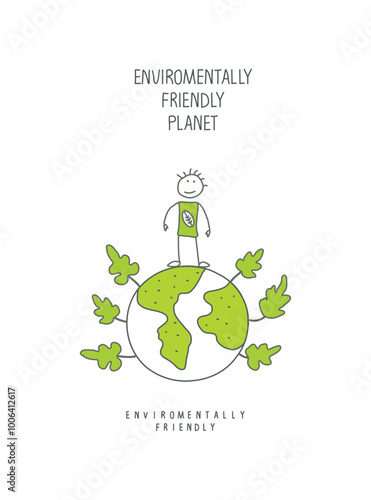 Vector hand drawn cartoon sketch of earth and human with green leaves. Environmentally friendly planet concept.Think Green. 