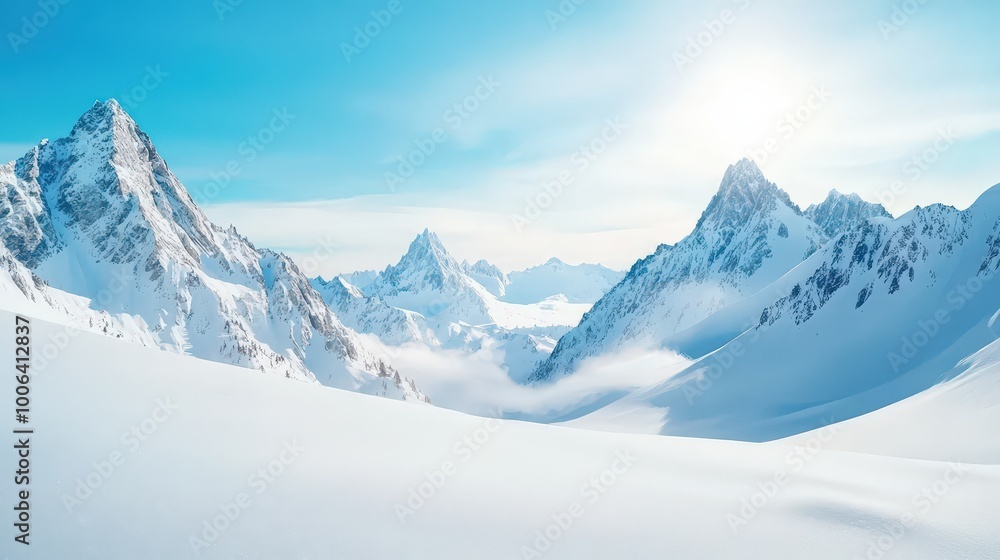 Obraz premium A breathtaking view of a snowy mountain landscape under a clear blue sky, showcasing serene peaks and a peaceful, untouched wilderness. Perfect for travel enthusiasts.