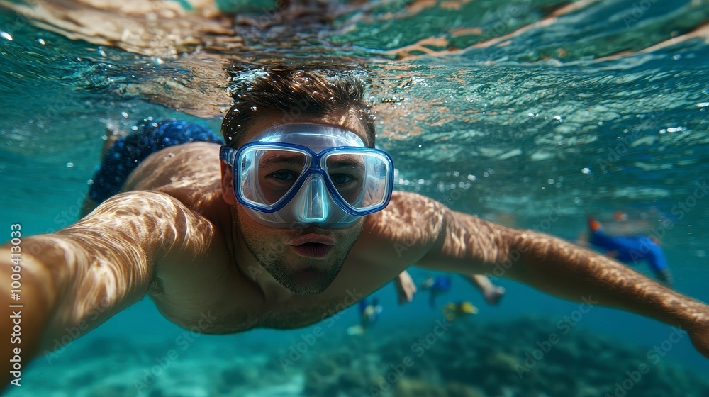 Naklejka premium A person snorkeling underwater, capturing a selfie while exploring marine life.
