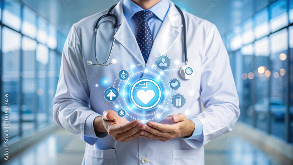 Doctor holding digital health icon in modern clinic Doctor holding digital health icon in modern clinic