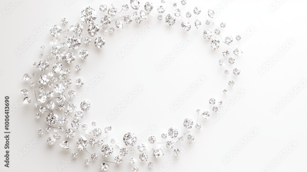A beautiful circular pattern of sparkling diamonds forming a radiant trail on a white background, symbolizing elegance and refinement A beautiful circular pattern of sparkling diamonds forming a radiant trail on a white background, symbolizing elegance and refinement