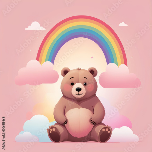 An adorable illustration featuring a friendly bear under a vibrant rainbow, perfect for a children's book cover.