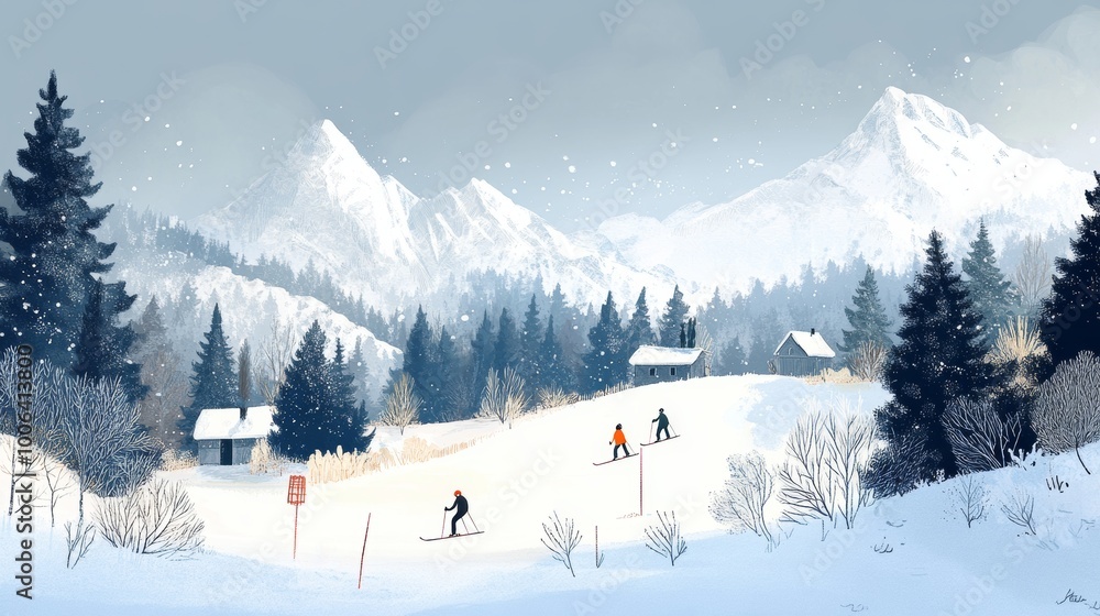 Fototapeta premium A snowy scene with skiers on a hill, surrounded by trees and mountains. This hand-drawn illustration is perfect for posters or banners.
