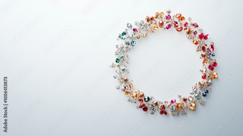 A captivating circle trail of colorful, sparkling jewelry pieces arranged in a perfect loop on a pristine white background, symbolizing elegance and luxury A captivating circle trail of colorful, sparkling jewelry pieces arranged in a perfect loop on a pristine white background, symbolizing elegance and luxury