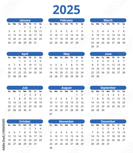 2025 year english vector calendar with 12 months (days of the week - two letters)
