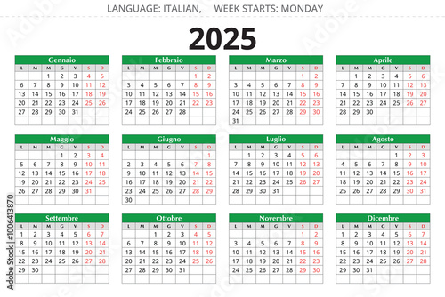 2025 year calendar. Italian language. 12 months. Printable vector illustration Italy - Calendario