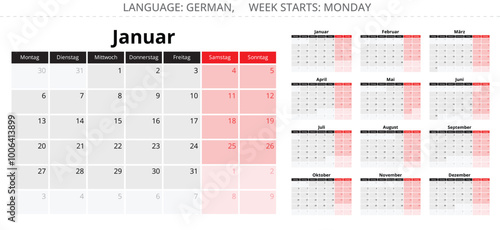 2025 german calendar collection - Kalender. Vector illustration of monthly page for Germany.