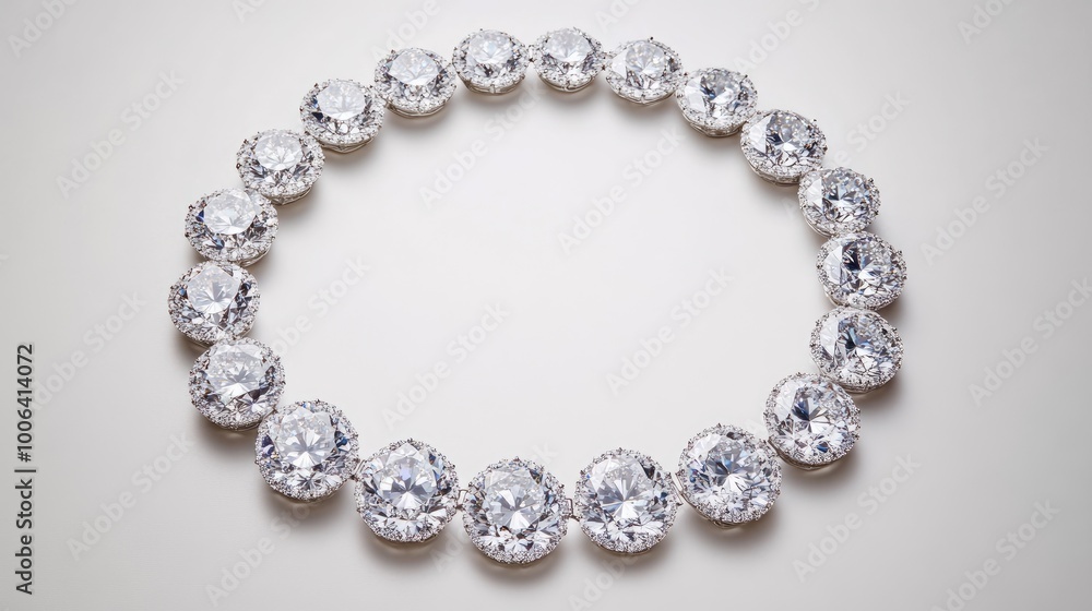 A captivating trail of diamonds arranged in a circle, each gem sparkling brightly on a sleek white background, symbolizing timeless elegance A captivating trail of diamonds arranged in a circle, each gem sparkling brightly on a sleek white background, symbolizing timeless elegance