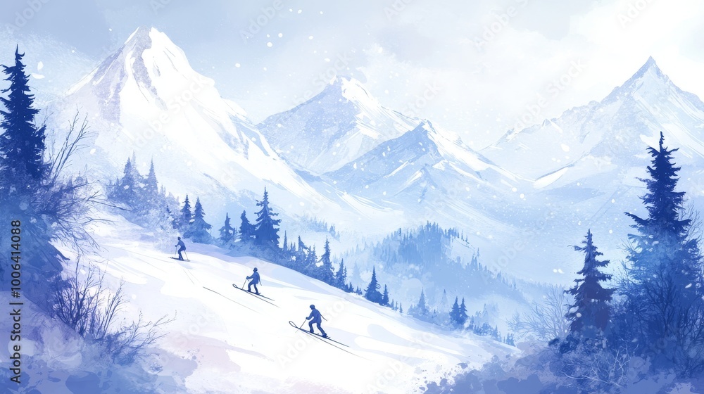 Fototapeta premium A snowy scene with skiers on a hill, surrounded by trees and mountains. This hand-drawn illustration is perfect for posters or banners.