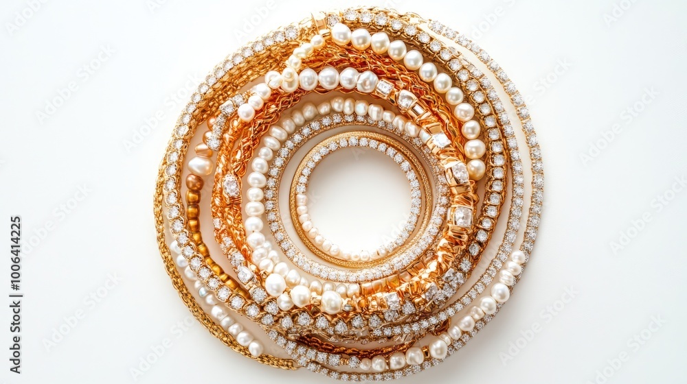 A circle trail of bracelets, rings, and pearls shining brilliantly against a pristine white background, symbolizing beauty and elegance A circle trail of bracelets, rings, and pearls shining brilliantly against a pristine white background, symbolizing beauty and elegance