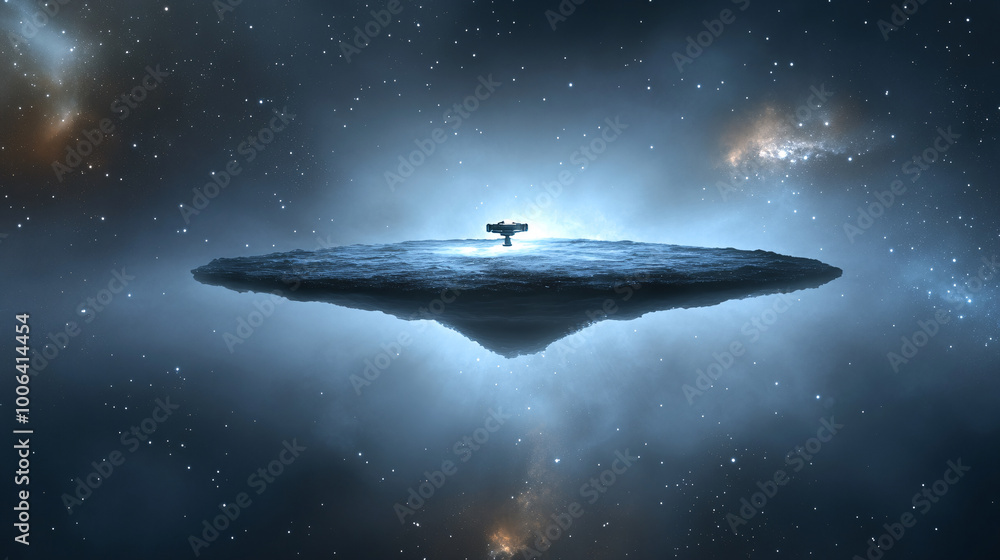 Spacecraft Landing on Floating Island in Starry Night Sky Spacecraft Landing on Floating Island in Starry Night Sky