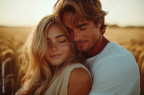 Couple Embracing in Wheat Field at Sunset, Romantic Lifestyle Photography