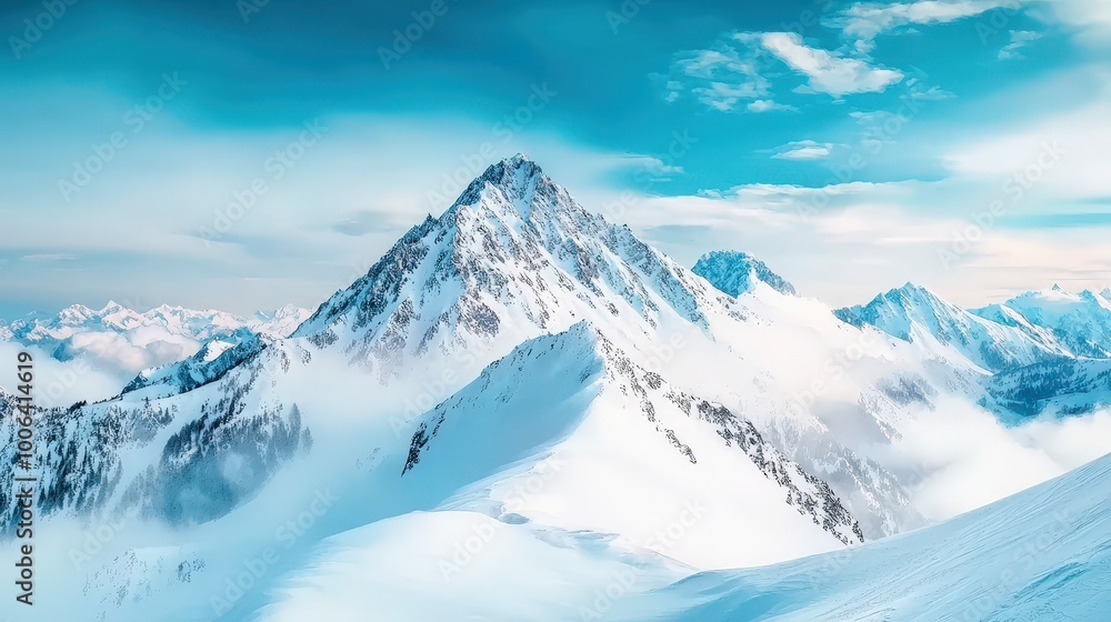 Obraz premium Breathtaking view of a majestic snow-capped mountain range under a clear blue sky. The serene landscape offers a perfect escape into nature's beauty.