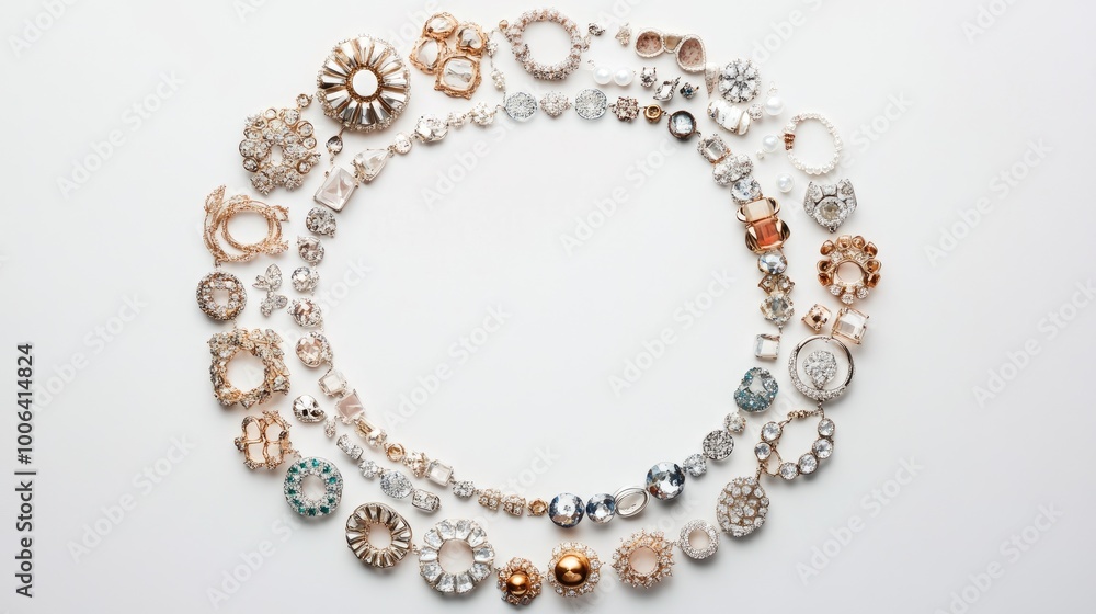 A mesmerizing array of jewelry arranged in a perfect circle trail, creating a stunning display on a minimalist white background A mesmerizing array of jewelry arranged in a perfect circle trail, creating a stunning display on a minimalist white background