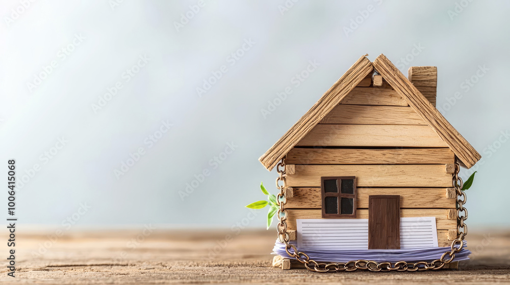 A home with a visible chain of debt papers, symbolizing economic entrapment, household debt, financial burden A home with a visible chain of debt papers, symbolizing economic entrapment, household debt, financial burden