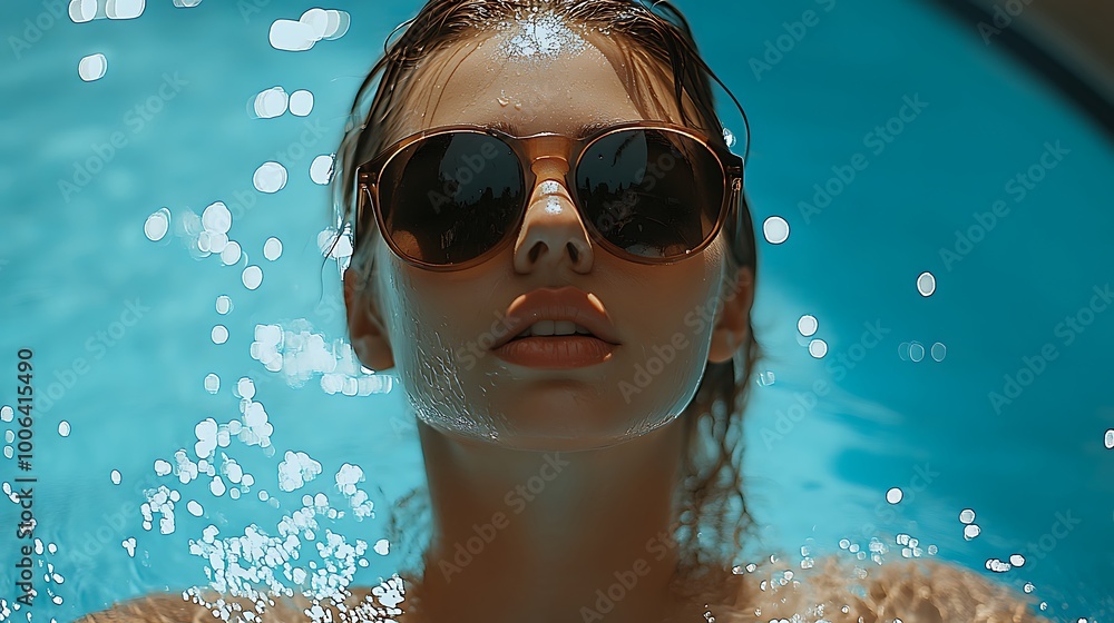 Naklejka premium Beautiful woman in a swimming pool in summer. 