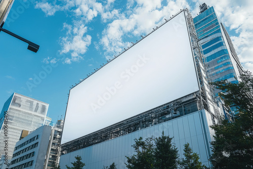Empty billboard mockup on tall building against blue sky, showcasing modern urban environment. scene evokes sense of potential and creativity