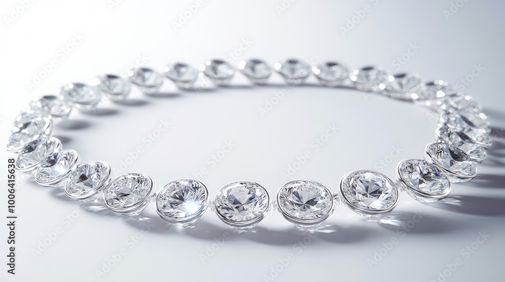 Intricate circle trail of diamonds creating a stunning visual on a sleek white background, with each gem shining brightly in the light Intricate circle trail of diamonds creating a stunning visual on a sleek white background, with each gem shining brightly in the light